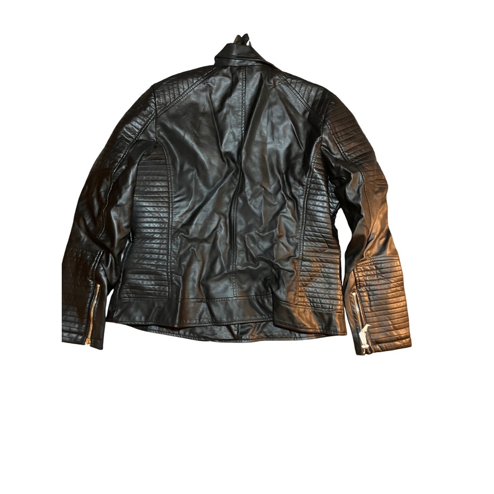Pallivare Womens Black Faux Leather Moto Jacket Biker Style Gold Zippers Quilted - Picture 2 of 7